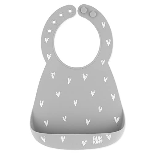 Bumkins Bibs, Silicone Pocket for Babies, Baby Bib for Girl or Boy, for 6-24 Months Up to Toddler, Essential Must Have for Eating, Feeding, Baby Led Weaning Supplies, Mess Saving, Gray Hearts