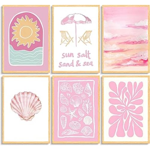 MBFKVFE 6 Pcs Coastal Wall Art, Pink Pastel Beach Wall Decor with Sun Seashell Starfish and Abstract Prints & Paintings for Bedroom Bathroom Dorm Living Room 8x10 / 12x16 Inch Unframed