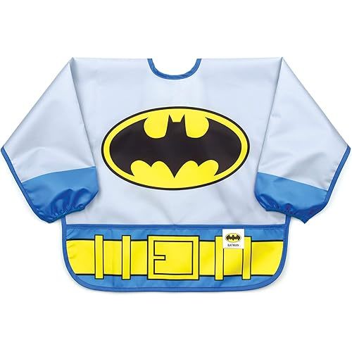 Bumkins Sleeved Bib for Girl or Boy, Baby and Toddler for 6-24 Mos, Essential Must Have for Eating, Feeding, Baby Led Weaning Supplies, Long Sleeve Mess Saving Food Catcher, Batman DC Comics