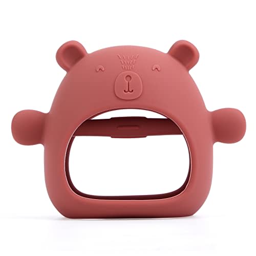 AULEGE Silicone Baby Teether Toy for Sucking Needs, Anti-Drop Silicone Baby Mitten Teether for Soothing Teething Pain Relief, Baby Chew Toys for Infants 3+ Months, BPA Free, Red