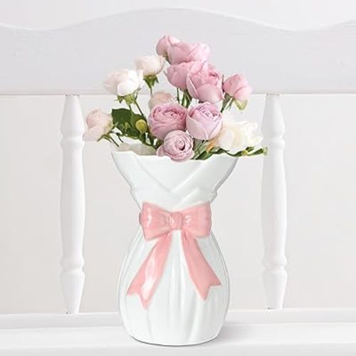 Pink Bow Vase for Home Decor 7.1 Inch Cute Coquette Gifts for Women Girls Shabby Chic Decorative Ceramic Hand Made Vases for Bouquet Flower Modern Aesthetic Living Room Wedding Decor