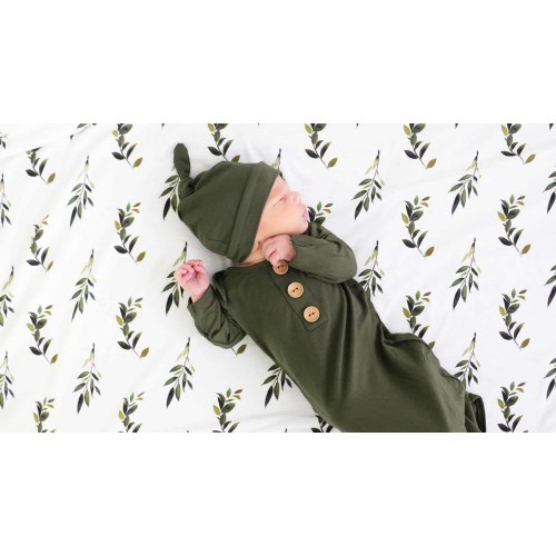 Solid Olive Newborn Baby Knot Gown & Hat | Caden Lane