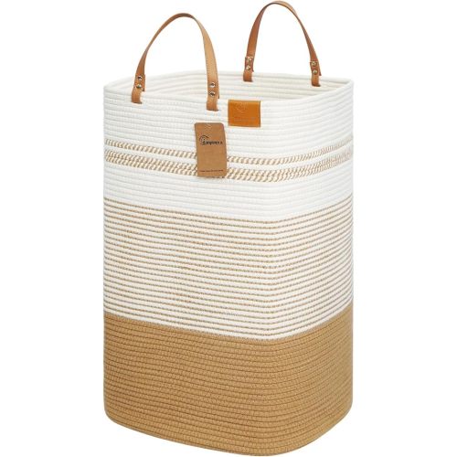 75L Woven Laundry Hamper with Long Leather Handles, Baby Laundry Basket for Nursery, Tall Hampers for Bedroom Aesthetic, Decorative Clothes Storage Basket for Family, White & Light Green