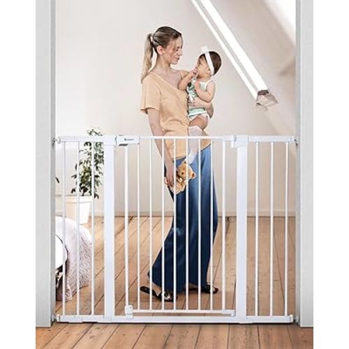 COMOMY 36" Extra Tall Baby Gate for Stairs Doorways, Fits Openings 29.5" to 48.8" Wide, Auto Close Extra Wide Dog Gate for House, Pressure Mounted Easy Walk Through Pet Gate with Door, White