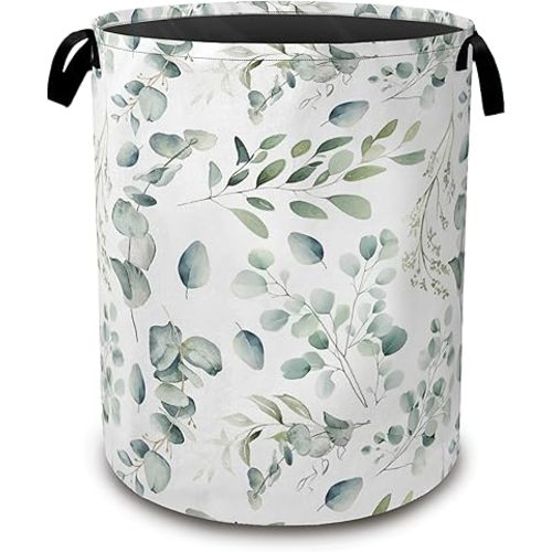 Green Eucalyptus Collapsible Laundry Baskets,Leaves Branches Laundry Hamper,Storage Basket with Handles for Bathroom Bedroom College Dormitory Living Room Nursery Organizer 16"x20"
