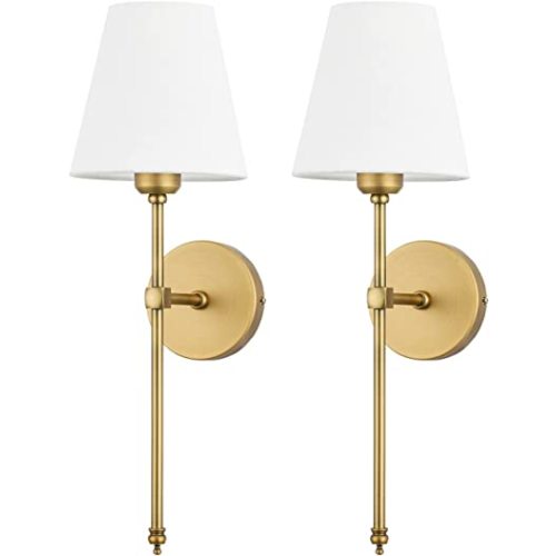 Bsmathom Wall Sconces Sets of 2, Classic Brushed Brass Sconces Wall Lighting, Hardwired Bathroom Vanity Light Fixture with Fabric Shade for Bedroom Living Room Hallway Kitchen, Gold