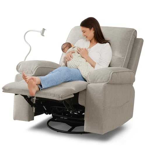YuuYee Rocking Chair Nursery Swivel Rocker Recliner with Phone Holder,Nursing Chair for Breastfeeding with Foot Rest,Beige