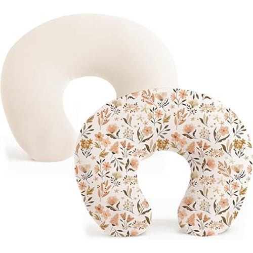 Konssy 2 Pack Nursing Pillow Covers, Stretchy and Soft Nursing Cover for Breastfeeding Pillows, Pillow Slipcover for Baby Girls Boys Newborn (Beige,Watercolour-Flower)
