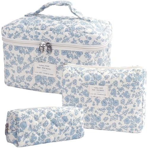 Large Quilted Makeup Bag for Women and Girls, Cute Coquette Floral Cotton Cosmetic Bag, Aesthetic Travel Organized Toiletry Bags (03-blue flower)
