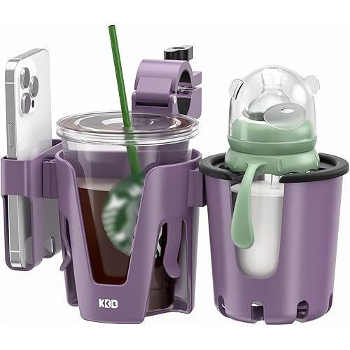 KDD Stroller Cup Holder with Phone Holder, 3-in-1 Removable Bottle Holder, 360 Degrees Rotation Drink Holder for Wheelchair, Stroller, Bike, Walker, Scooter, Bicycle, Nuna, Bugaboo, Doona (Purple)