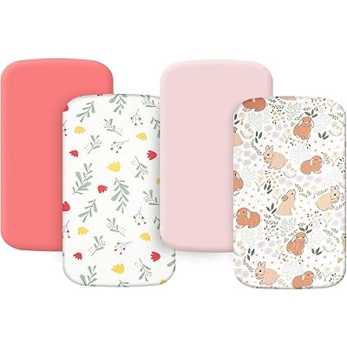 4 Pack Bassinet Sheets 21" x 35", Compatible with Besrey, Fodoss, Foalom, MiClassic, Milliard and Large Bassinet Mattress, Soft and Skin-Friendly, Pink and Rabbit