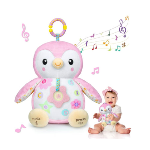 Baby Toys 0-6 Months,Musical Plush Stuffed Animal with Rattles & Crinkle Paper,Hanging Ring for Sensory Play,Tummy Time Toys for 0-12 Months Girls, Baby Girl Gift (Pink)