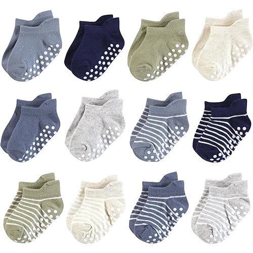 Hudson Baby Baby Infant Non-Skid No-Show Socks, Boy Asst Stripes, 0-6 Months, Blue
