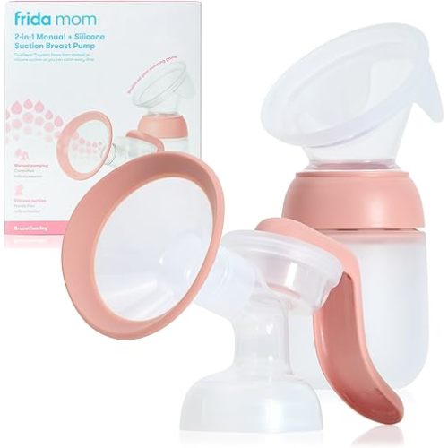 Frida Mom 2-in-1 Manual Breast Pump with Hands-Free Silicone Suction Cup, Milk Collector, Wireless Ergonomic Handle, and SoftFeel Flange for Breastfeeding
