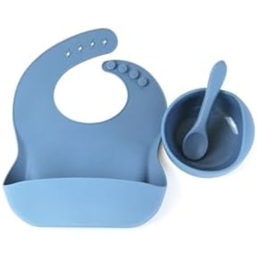Baby/Toddler Feeding 3pc Set: Baby Bowl with Suction, Silicone Bib, Baby Spoon. Baby Led Weaning Supplies