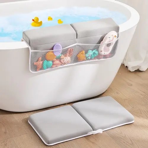 Baby Bath Kneeler and Elbow Rest Pad Set,Baby Bathtub Mat for Newborn Essentials Must Haves,Kneeling Pad with Soft Memory Foam and Bath Toy Organizer,Silicone Brush Bath Sponge,Grey
