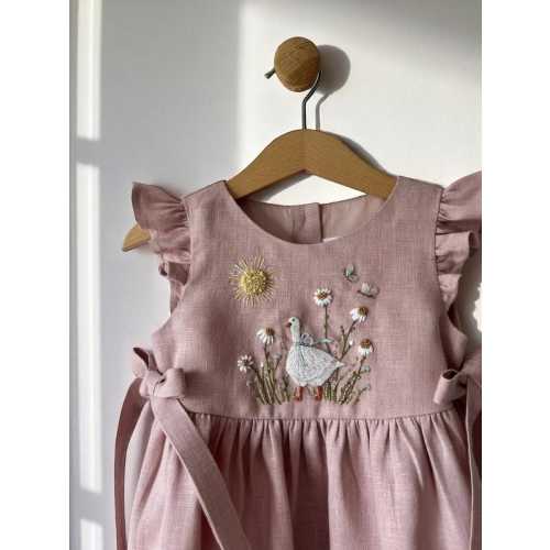 Silly Goose Birthday with Bow Sleeveless Dress for Girls, Custom 1st Birthday Soft Linen Dress, Embroidered Toddler Linen Dress