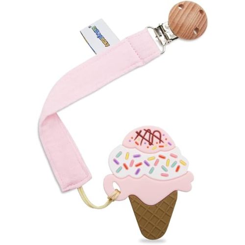 Baby Food Grade Silicone Teether Toy with Pacifier Clip Holder,Teething Pain Relief Toys Gift Set for 3 Months+ Boys and Girls,Freezer Safe,BPA Free (Ice Cream)