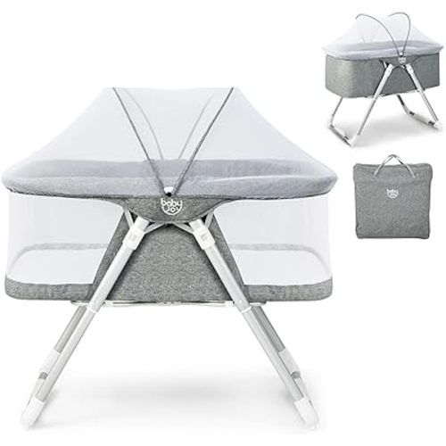 BABY JOY Bassinet, 2 in 1 Rocking Bassinet Bedside Sleeper w/Detachable Curtain Cloth, Mattress, Breathable Mesh, Adjustable Height & Travel Bag, Quick Folding Portable Bassinet for Newborn Infants