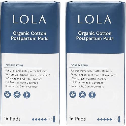 LOLA Organic Cotton Postpartum Pads - 32 Count, Ultra Absorbent and Extra Long Pads, Overnight and Full Coverage, Adult Incontinence Pad for Women, Postpartum Essentials