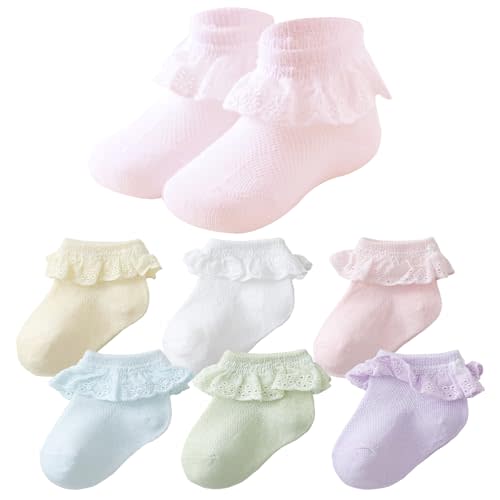Mini angel Baby Girls Socks Eyelet Ruffle Lace Frilly Dress Socks for Newborn Infant Toddler 3/6 Pairs