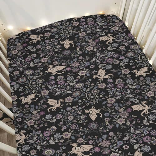 Fantasy Floral Dragons Baby Crib Sheets for Boy Girl 52"x28" Fairytale Dragon Gothic Black Purple Flowers Soft Snug Fitted Crib Mattress Cover Animal Baby Sheet for Standard Crib & Toddler Mattress