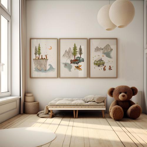 Set of Three Adventure Art Prints, Camping & Nature Prints for Kids, Camping, Surfing and Fishing Prints, Outdoor Themed Room Decor