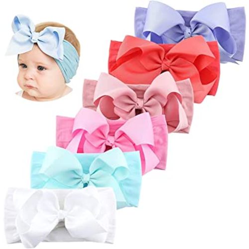 Makone Handmade Nylon Headband with Bows Stretchy Pom Pom Bun 5.5 inch Big Hair Bow Headband for Infant Baby Girls-6PCS Light Bows