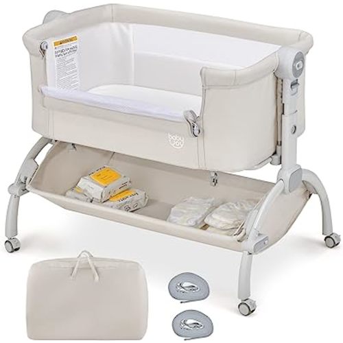 BABY JOY Baby Bassinet, 3-in-1 Rocking Bassinet w/Storage Basket, Double-Lock Design, 7 Adjustable Heights, Soft Mattress & Portable Travel Bag, Bassinet Bedside Sleeper for Newborns Infants (Beige)