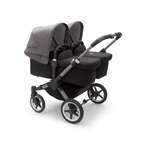 Bugaboo Donkey 5 Twin bassinet and seat stroller graphite base, midnight black fabrics, grey mélange sun canopy