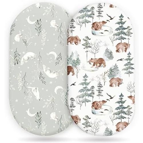 Stretchy Bassinet Mattress Sheets, Ultra Soft Bassinet Sheet 2 Pack, Universal Fitted for Oval Hourglass Rectangular Bassinet Mattress Pad Safe and Snug, Stylish Pattren of Bear and Wolf Print