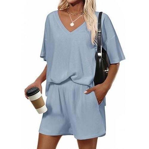 Ekouaer Lounge Set 2025 Summer 2 Piece Set Ribbed Knit Shorts Set Short Sleeve Outfit with Pockets
