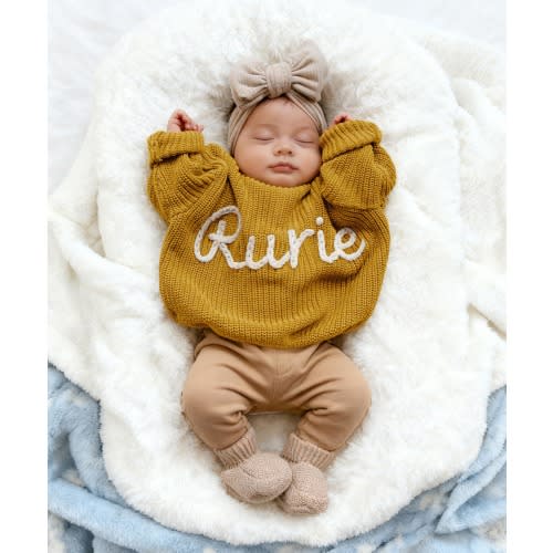 Hand Embroidery Name Baby Sweater, Custom Knitted Sweater with Name, Personalized Gift for Baby Girls & Boys