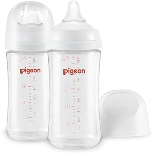 Pigeon Glass Nursing Bottle Wide Neck, Streamlined Body, Natural Feel, Easy to Clean, Heat-Resistant, 8.1 Oz(Pack of 2), Includes 2pcs M Nipples (3m+)