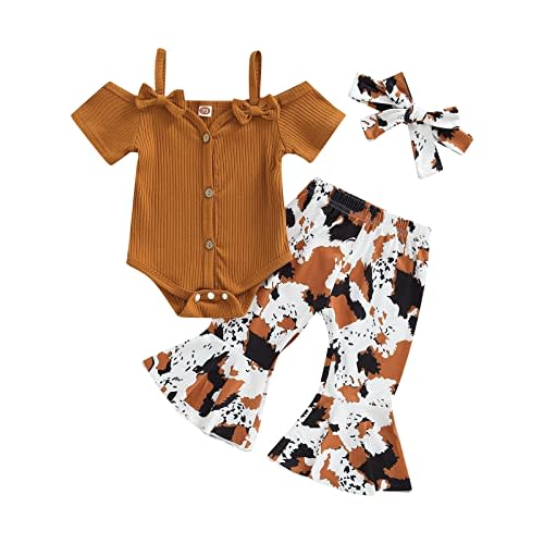 Lefyira Cow Print Bell Bottoms Outfits Toddler Girl Short Sleeve Romper Rib Knit Button Bodysuit Flare Pants Clothes Summer