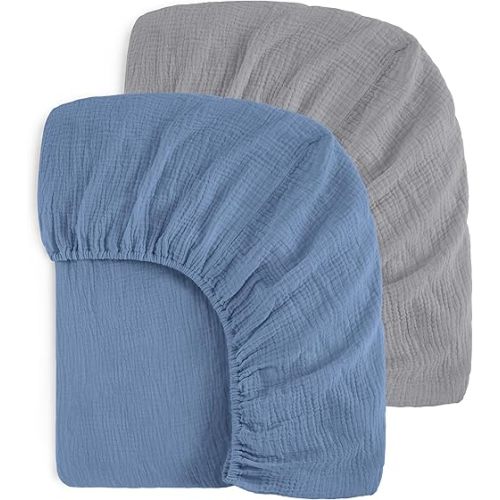Muslin Crib Sheets for Girl Boy, 100% Cotton Baby Crib Sheets for Standard Crib and Toddler Mattress 52"x28", 2 Pack Soft Breathable Fitted Crib Mattress Sheet,Grey & Blue