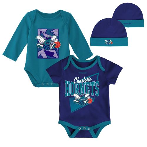 Charlotte Hornets Mitchell & Ness Newborn & Infant 3-Piece Hardwood Classics Bodysuits & Cuffed Knit Hat Set - Purple/Teal