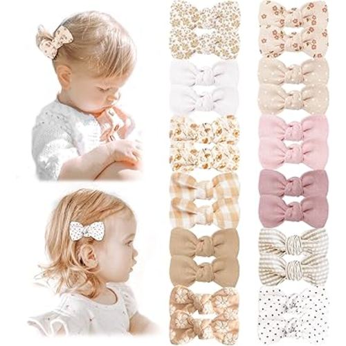 Niceye 12 Pairs Baby Hair Clips with Bow, Fully Lined Hair Bow Clips for Fine Hair Cotton Tiny Hair Barrettes for Infants, Toddlers, and Little Girls