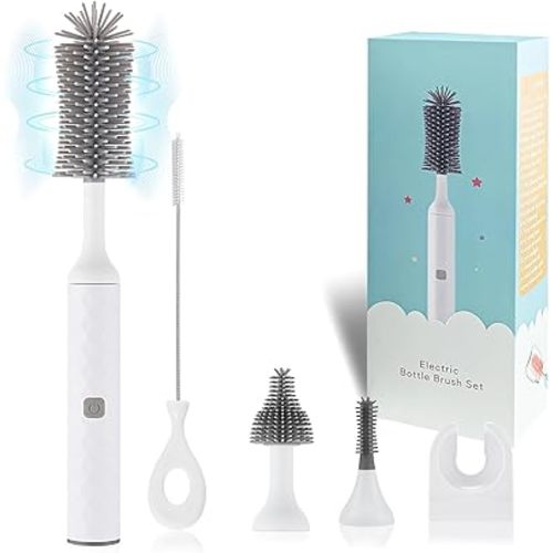 Electric Bottle Brush, 4 Piece Bottle Brush Set with Baby Bottle Brush Cleaner, Nipple Brush, Pacifier Cleaner, Straw Cleaner Brush, Gifts for Newborns and Mothers, White
