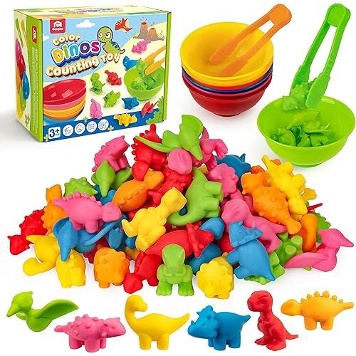 Coogam Counting Dinosaur Sorting Toy Set, Color Matching Classification Game, Montessori Fine Motor Skill Preschool Educational Montessori Learning Toys for 3 4 5 Years Old
