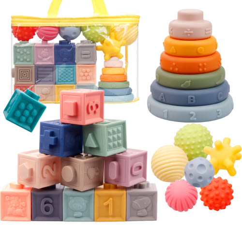Iflove Montessori Toys for Babies,3 in 1 Baby Toys,Soft Stacking Building Blocks Rings Balls Sets,Soft Sensory Toys for Babies 0-6 Months,Child Teething Toys for 1-3 Year Old Gift