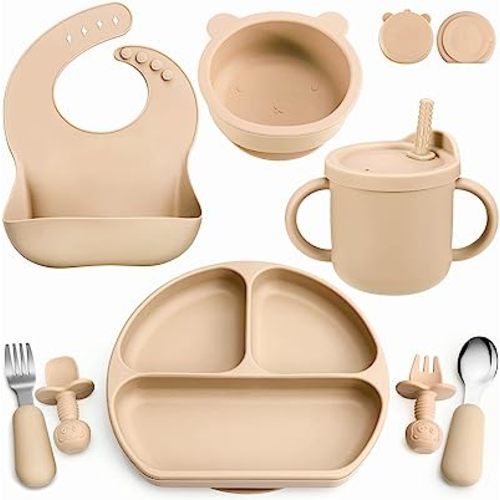Silicone Baby Feeding Set, Baby Led Weaning Supplies with Suction Bowl Divided Plate, Toddler Self Feeding Dish Set with Spoons Forks Sippy Cup Adjustable Bib, Eating Utensils for 6+ Months(Khaki)