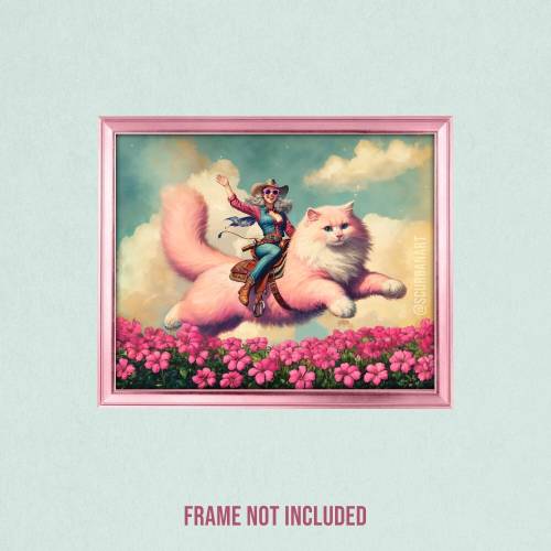 Cowgirl Pink Cat Rider Funny Eclectic Art Print, Retro Surreal Western Whimsical Cute Kitten Trendy Silly Animal Maximalist Home Poster