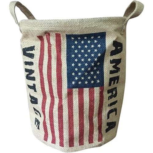 NewFeru Burlap Woven Storage Basket Collapsible Vintage, Round Jute Food Toy Bucket Organizer with Handles, Small Linen Patriotic Decor Bin for Shelf Table Desk Top, 9.5" D. X 12" H (America Flag)