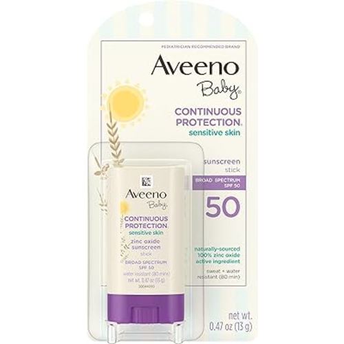 Aveeno Baby Continuous Protection Mineral Sunscreen Stick for Sensitive Skin with Broad Spectrum SPF 50 Protection for Face & Body, Naturally Sourced 100% Zinc Oxide, Travel Size, 0.47 oz