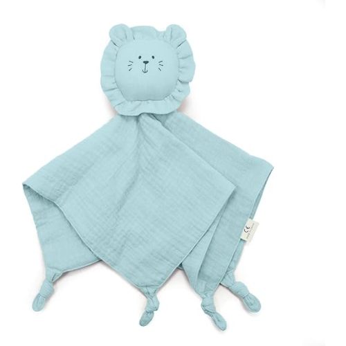 Organic Cotton Muslin Lion Loveys for Babies Baby Security Blanket Baby Snuggle Toy Newborn Essentials Must Haves(Lion-Blue)