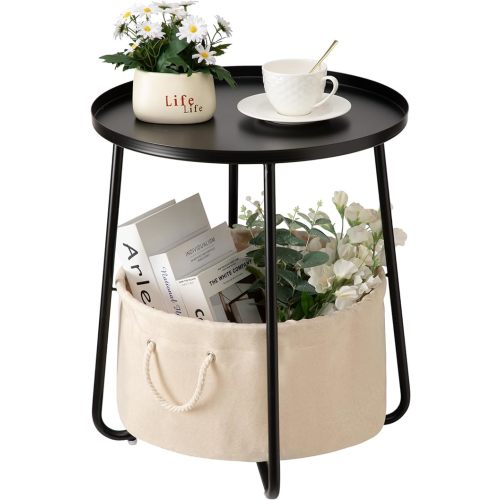 danpinera Small Round Side Table, Metal Side Table with Fabric Storage Basket for Nursery, Living Room, Bedroom, Bathroom, Black