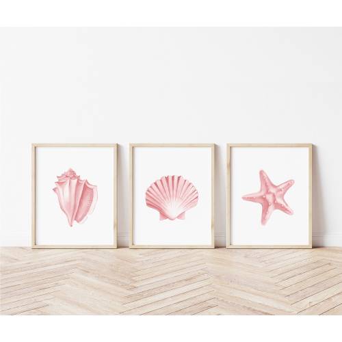 Pink seashells prints set of 3. Coastal printable wall art. Watercolor shell starfish digital prints. Blush pink beach house art.