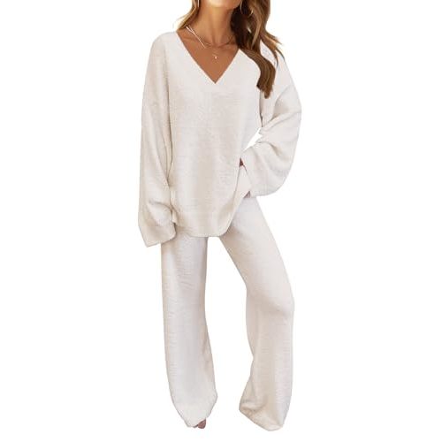 MEROKEETY Women's 2 Piece Outfits Fuzzy Fleece Pajama Set Long Sleeve Top Wide Leg Pants Loungewear