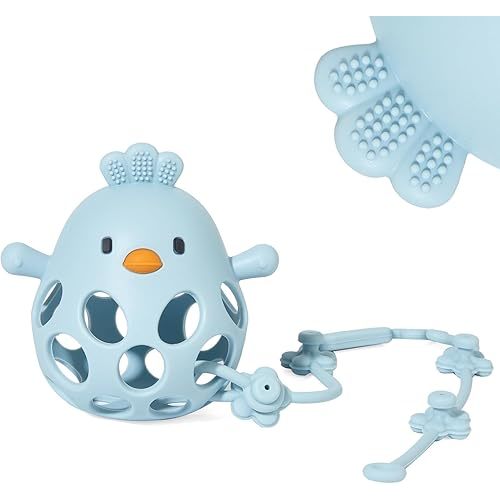 Baby Teething Toys with Safety Strap, Silicone Anti-Drop Teething Mitten, Easy-Grab Hollow Design, Baby Blue